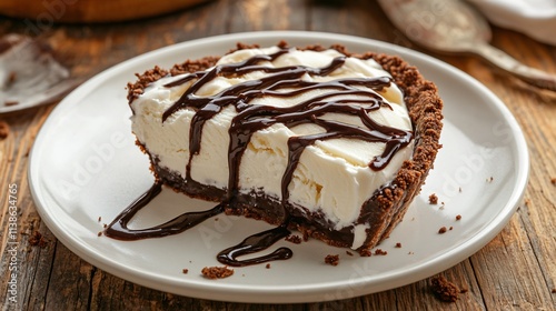 Close up of a single slice of ice cream pie with fudge drizzle, rustic background featuring an old farmhouse kitchen counter