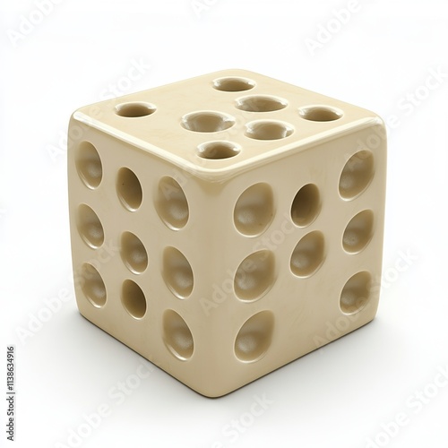 A creative 3D illustration of a cheese block shaped like a dice with rounded holes on each face isolated on a white background photo