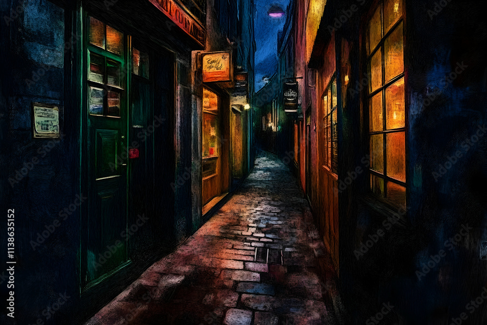Fototapeta premium Dark and narrow alley at night with shops closedhigh quailty image