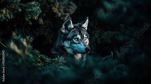 Adult Siberian Husky with icyblue eyes in forest setting chiaroscuro photography highlighting solitude and wilderness photo