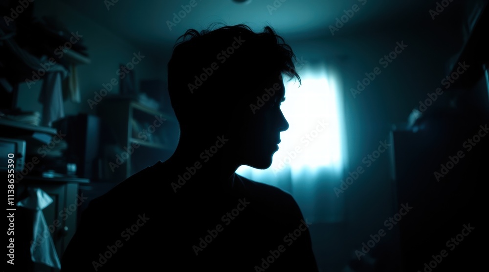 Man is standing in a dark room with a window Man is standing in a dark room with a window