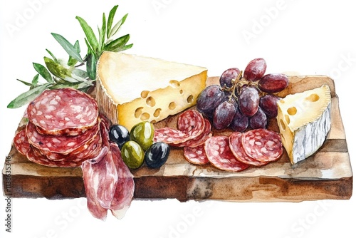 Watercolor illustration of a charcuterie board featuring cheese, salami slices, grapes, olives, and a wedge of brie on a rustic wooden surface