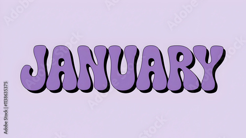 January text in bold retro bubble font with purple color on pastel background, vintage typography design