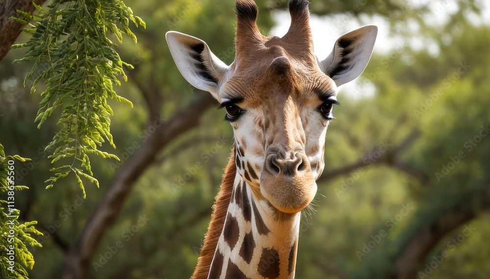 Obraz premium An intimate portrait of a giraffe nibbling on leaves, showcasing its large eyes, detailed fur, and elegant features, set against a peaceful and softly blurred African savanna backdrop
