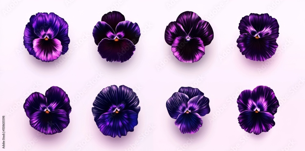 Naklejka premium Watercolor-style illustrations of viola and pansy flowers, constructed as a clipart set on a transparent background. Suitable for wedding invitations, postcards, scrapbooking, and greeting cards.