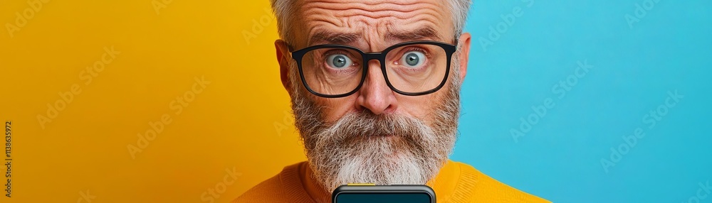 Surprised elderly man with glasses holding smartphone against colorful background. Surprised elderly man with glasses holding smartphone against colorful background.
