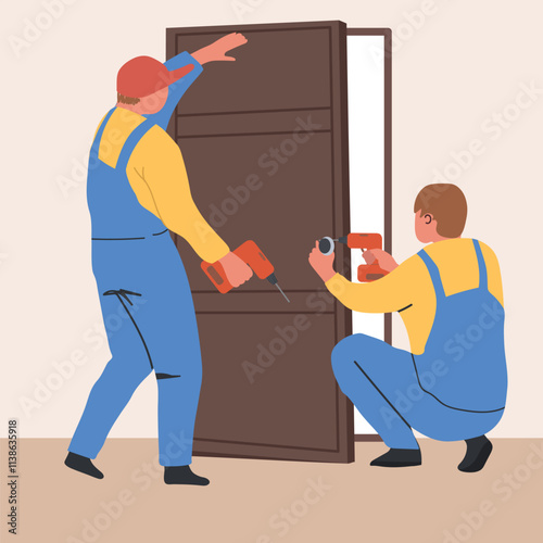 Door installation, replacement.  Replacing and upgrading. Workers installing new entrance in home room during apartment repair, renovation. Hand drawn  vector illustration.