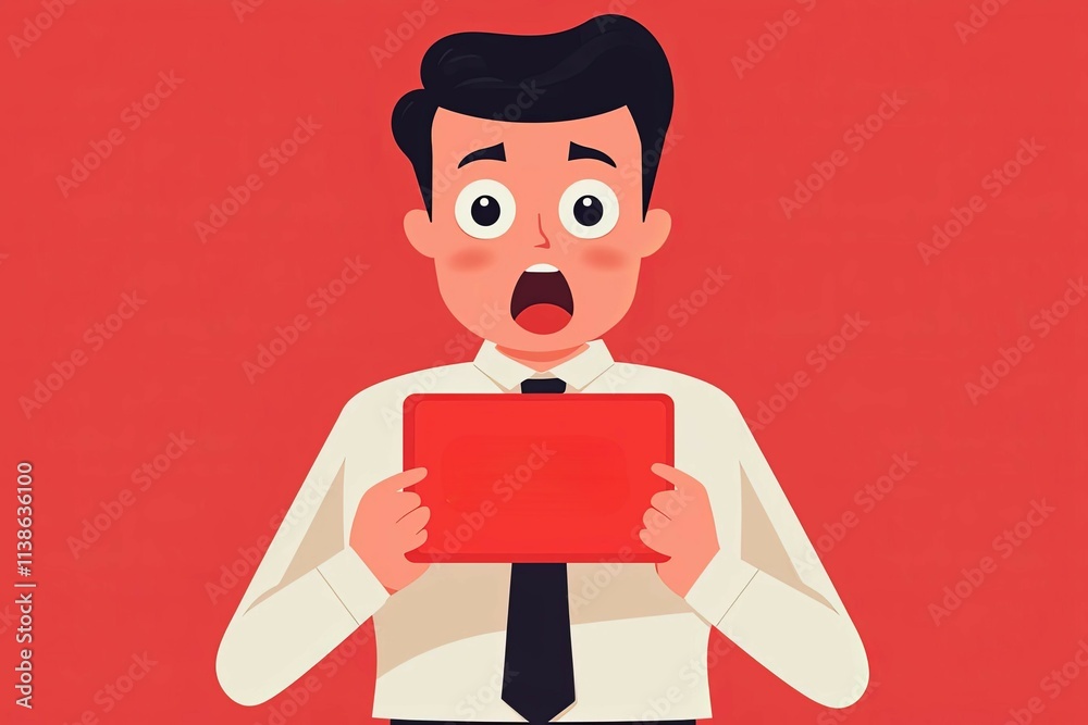 A surprised businessman holding a sign with the word 'SAIM' against a red background. A surprised businessman holding a sign with the word 'SAIM' against a red background.