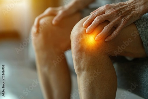 Arthritis is a chronic disease problem in elderly healthcare, Asian old female touching her leg feeling pain in her knee joint, and can't walk properly because of inflammation and, Generative AI photo