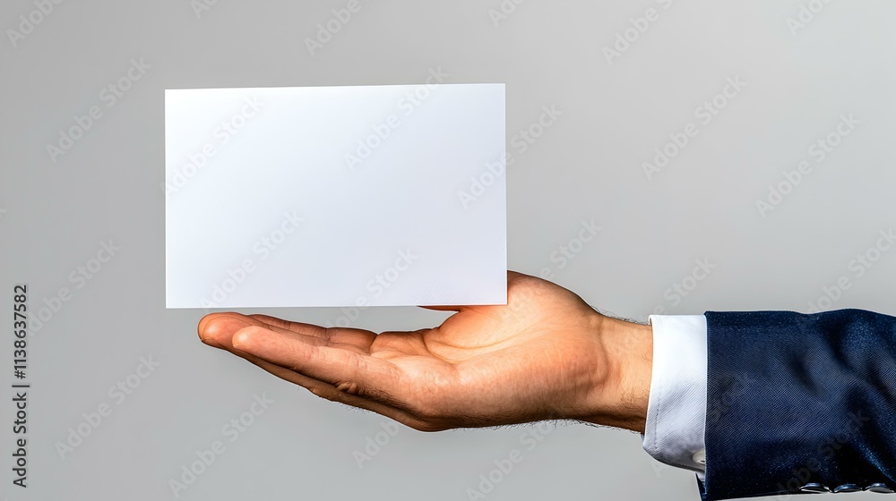 Blank White Sheet of Paper Held by a Man in a Suit Against a Neutral Background Blank White Sheet of Paper Held by a Man in a Suit Against a Neutral Background