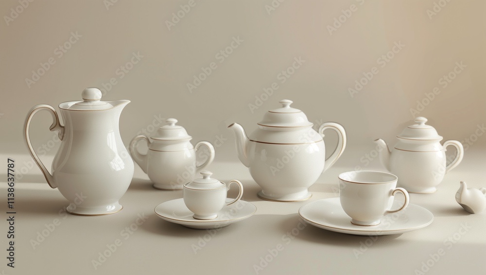 3D product rendering of a coffee set made of white porcelain with a gold rim on the edges. 3D product rendering of a coffee set made of white porcelain with a gold rim on the edges.