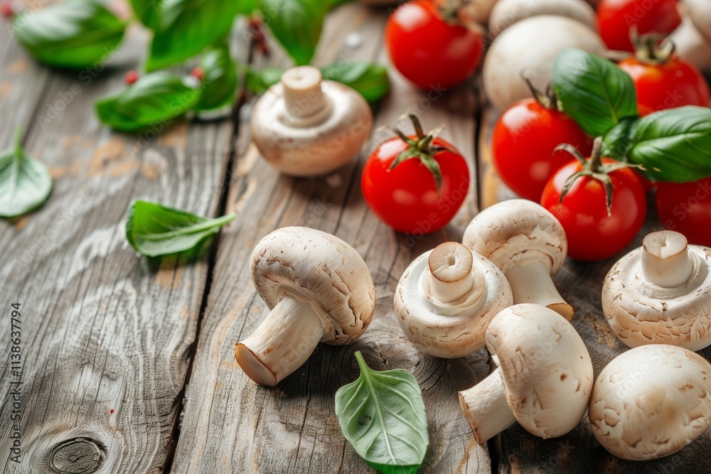 Mushrooms, tomatoes, and basil on a wooden background. A branch of mushrooms with fresh vegetables over an old, rustic table. Mushrooms, tomatoes, and basil on a wooden background. A branch of mushrooms with fresh vegetables over an old, rustic table.