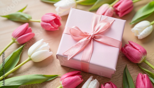 Pink Gift Box with Ribbon Surrounded by Pink and White Tulips on Wooden Table