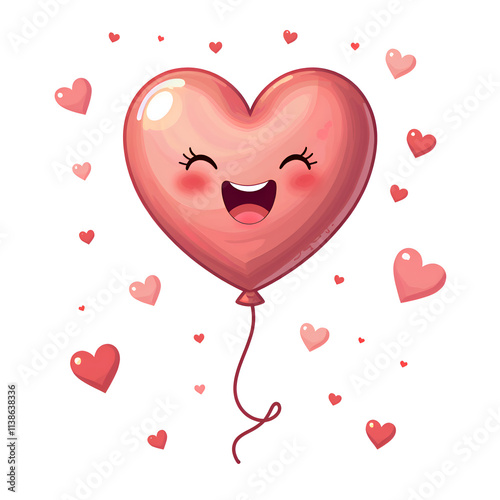 Whimsical heart balloon with smiling face surrounded by floating hearts for cheerful celebrations, digital art of character design concept.