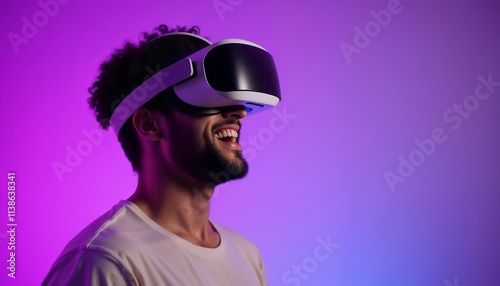 A young man is immersed in virtual reality using a headset, surrounded by vivid purple lighting, creating a futuristic and technological atmosphere.