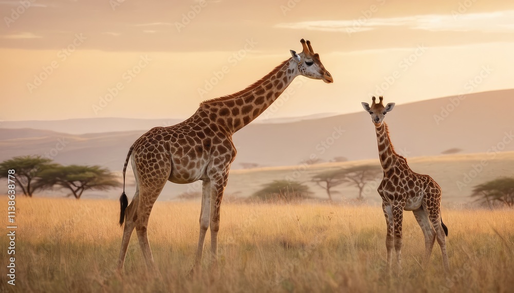 Obraz premium A majestic giraffe and its baby grazing peacefully in the African grasslands, framed by acacia trees and rolling hills bathed in the warm colors of sunrise