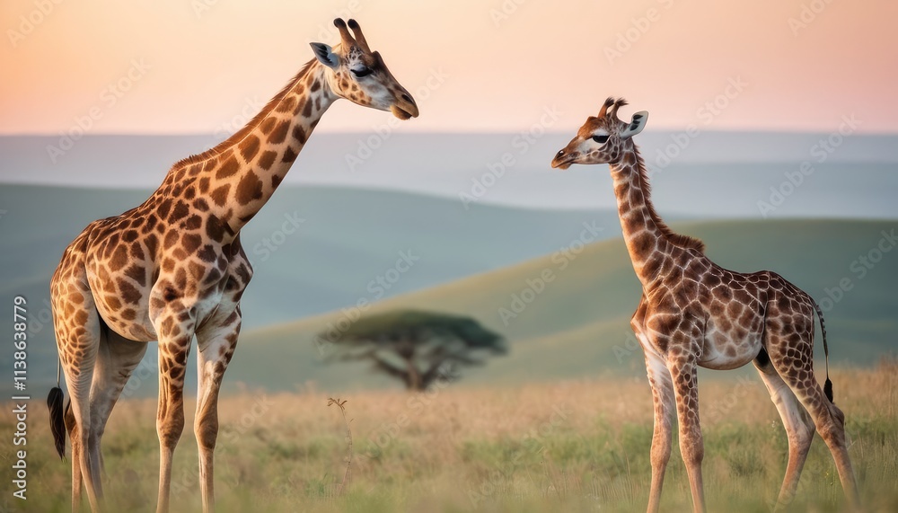 Fototapeta premium A tender moment between a mother giraffe and her young calf in the serene savanna, with soft morning light casting a golden glow over the vast African landscape