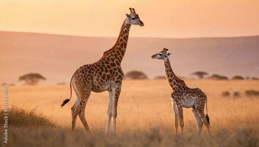 Obraz premium A majestic giraffe and its baby grazing peacefully in the African grasslands, framed by acacia trees and rolling hills bathed in the warm colors of sunrise