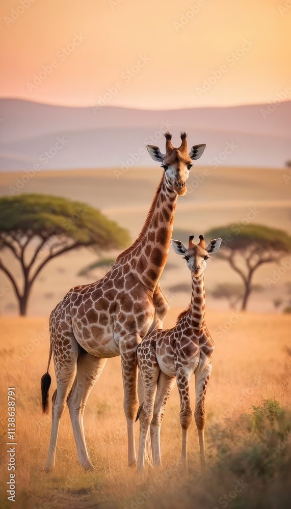 Obraz premium A beautiful adult giraffe and its calf standing in the golden African savanna at sunrise, surrounded by tall grasses and distant acacia trees under a warm, glowing sky