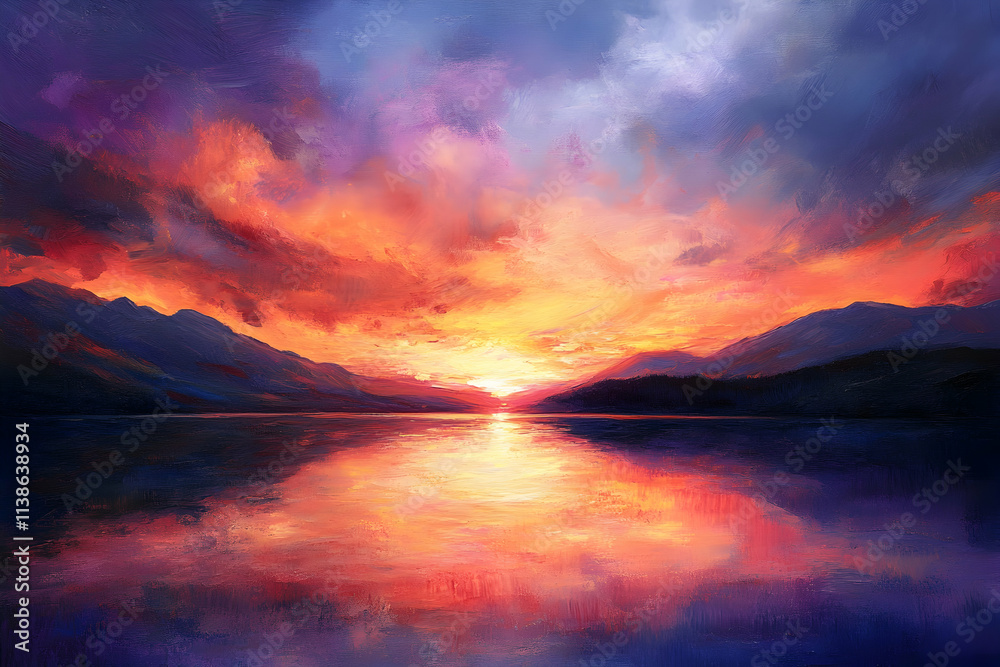 Fototapeta premium A vibrant sunset over a tranquil lake with reflectionshigh quailty image