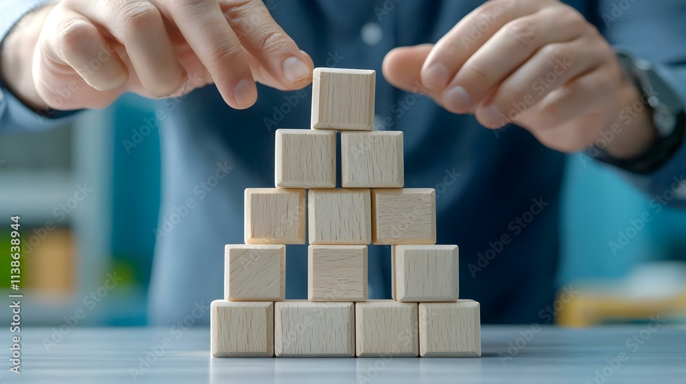 Businessman Building Structure with Wooden Blocks for Creative Problem Solving and Innovation Businessman Building Structure with Wooden Blocks for Creative Problem Solving and Innovation