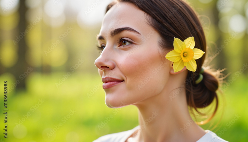 Young Woman with Yellow Daffodil in Hair Enjoying Sunny Spring Day Outdoors Young Woman with Yellow Daffodil in Hair Enjoying Sunny Spring Day Outdoors