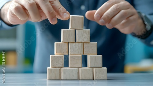 Businessman Building Structure with Wooden Blocks for Creative Problem Solving and Innovation