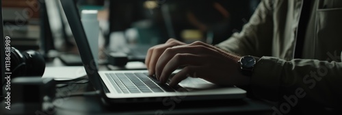 Close-up of hands typing on a laptop keyboard in a dimly lit room, emphasizing productivity and focus in work.