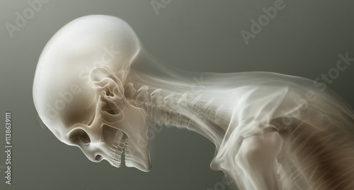 Human figure with a realistic X-ray effect, highlighting the bones and skeletal structure. Medical imaging, anatomy, healthcare, and educational materials on human biology, science, health.