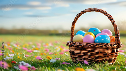 Easter eggs in a basket on a spring meadow photo