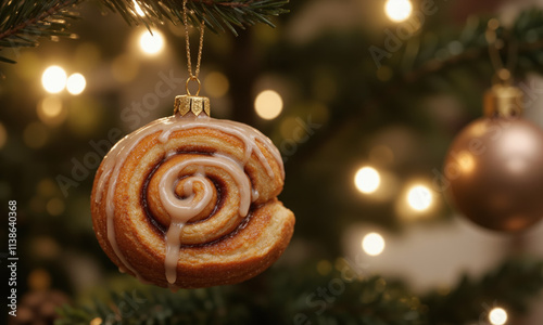 Christmas tree ornament shaped like a realistic cinnamon roll, with sharp focus on the spiral layers, golden-brown edges, and shiny photo