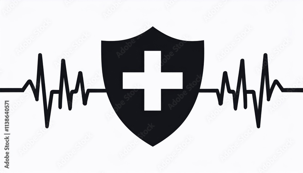 Black Shield with Medical Cross and ECG Heartbeat Line Symbolizing Health Protection, Emergency Care, Healthcare Security, and Medical Monitoring Concept for Clinics, Hospitals, and Safety Branding