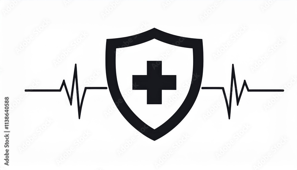 Black Shield with Medical Cross and ECG Heartbeat Line Symbolizing Health Protection, Emergency Care, Healthcare Security, and Medical Monitoring Concept for Clinics, Hospitals, and Safety Branding