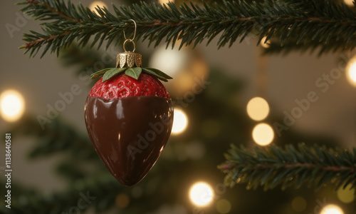 Christmas tree ornament shaped like a chocolate-dipped strawberry, with sharp focus on the glossy chocolate coating, bright red strawberry underneath, photo