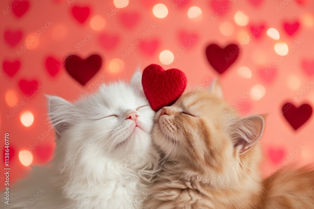 Cute kittens share a tender moment with a heart decoration for a romantic atmosphere