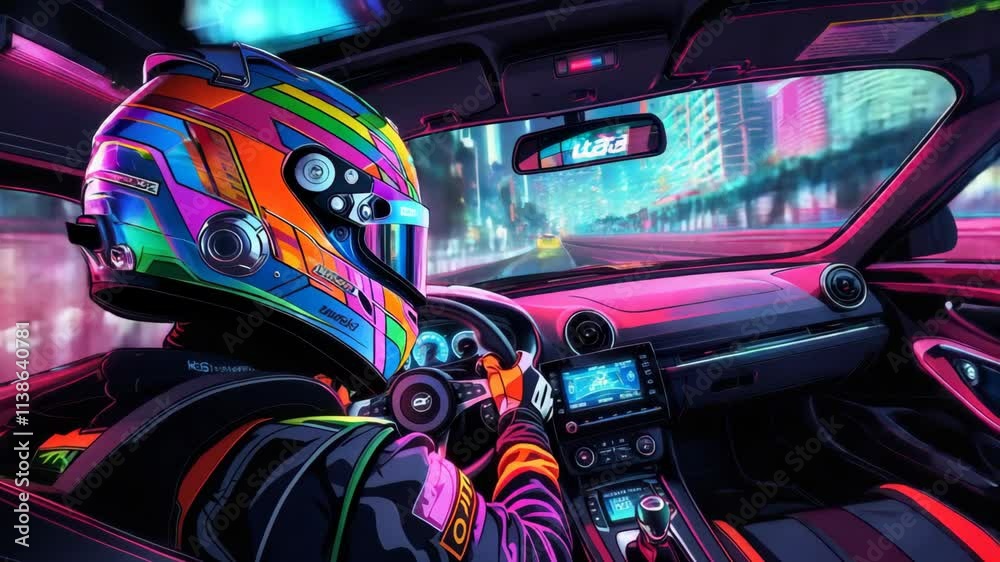 Driver wearing a colorful helmet navigates a futuristic car through a vibrant cyberpunk city at night, illuminated by neon lights and showcasing a thrilling urban landscape