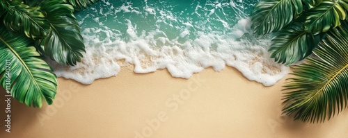 Tropical Leaves and Gentle Waves on a Sandy Shore, Generative AI