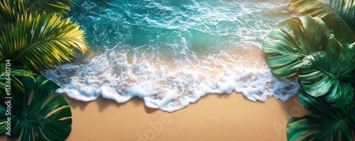 Tropical Leaves and Gentle Waves on a Sandy Shore, Generative AI