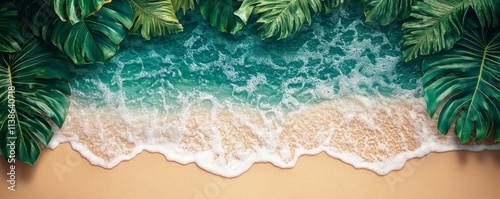 Tropical Leaves and Gentle Waves on a Sandy Shore, Generative AI