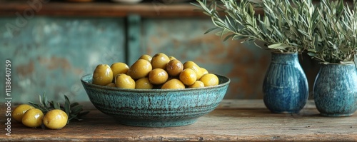 Fresh Olives and Oil Arranged on a Rustic Table, Generative AI