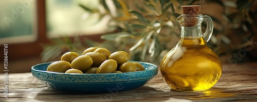 Fresh Olives and Oil Arranged on a Rustic Table, Generative AI
