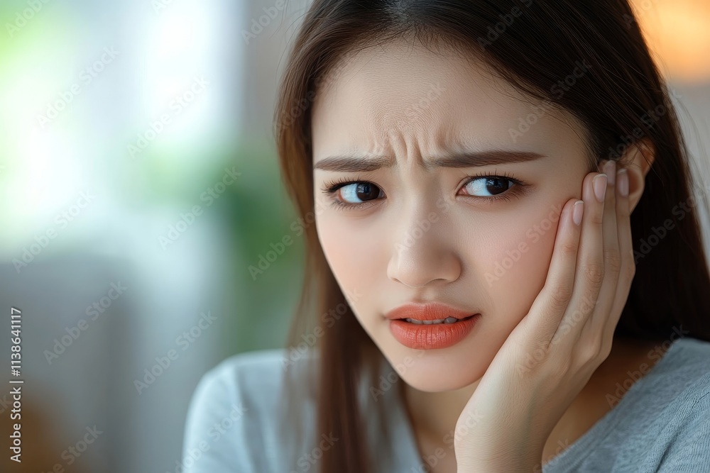Face expression suffering from sensitive teeth, Asian young woman touching cheek, Generative AI Face expression suffering from sensitive teeth, Asian young woman touching cheek, Generative AI