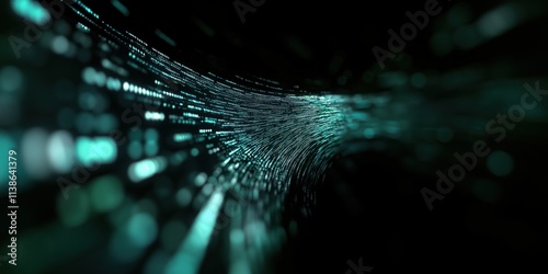 A digital visualization of data flow creating a tunnel-like structure with glowing turquoise lights and motion.