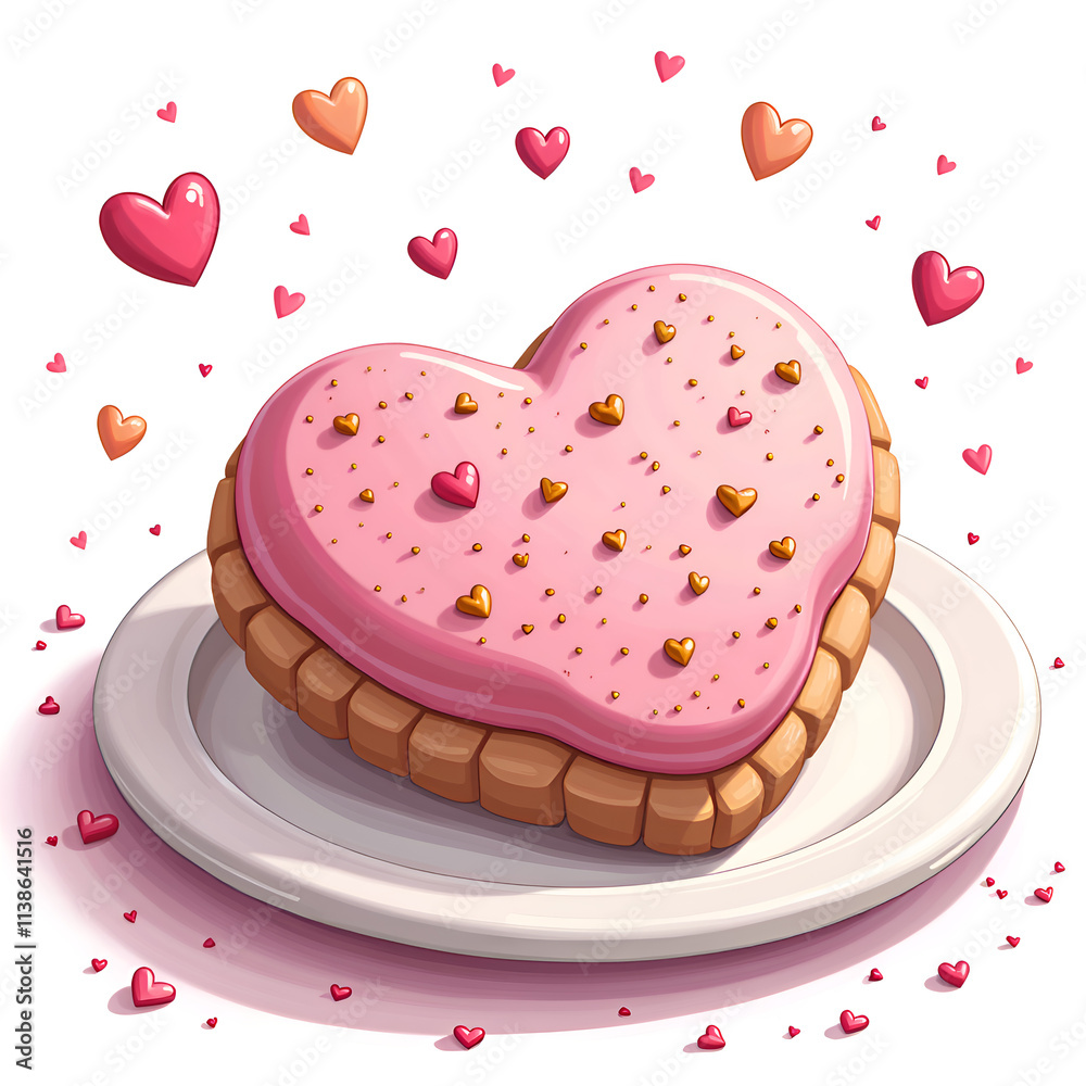 Delicious heart shaped cookie with pink frosting and colorful hearts for a romantic occasion, digital art of food illustration concept. Delicious heart shaped cookie with pink frosting and colorful hearts for a romantic occasion, digital art of food illustration concept.