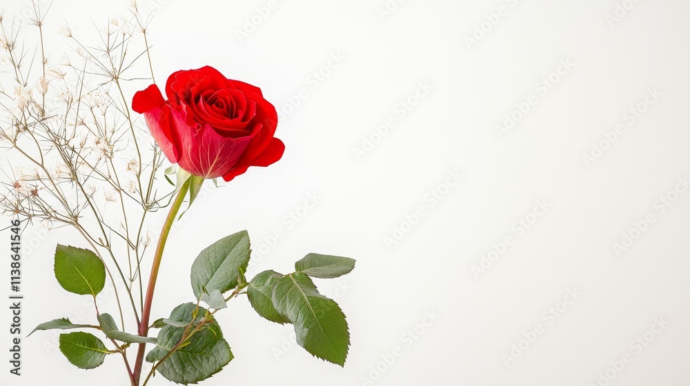 Obraz premium Valentine pattern roses seasonal concept. Red rose with delicate leaves and small white flowers against a light background.