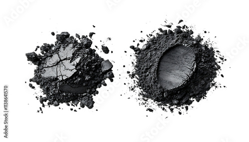 Two piles of crushed charcoal showcasing textured surfaces and fine powder details. Transparent PNG.