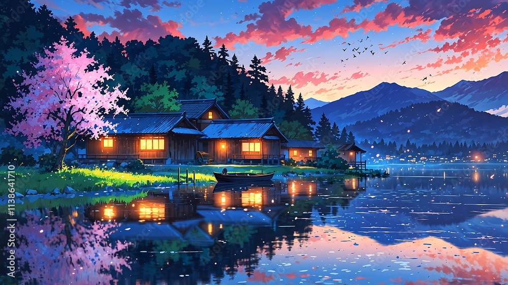 Fototapeta premium Serene Lakeside Houses at Sunset