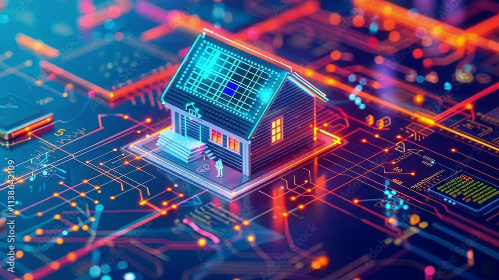 Glowing circuitry powers a modern smart home, showcasing innovative technology and automation in a futuristic setting with a solar panel on the roof