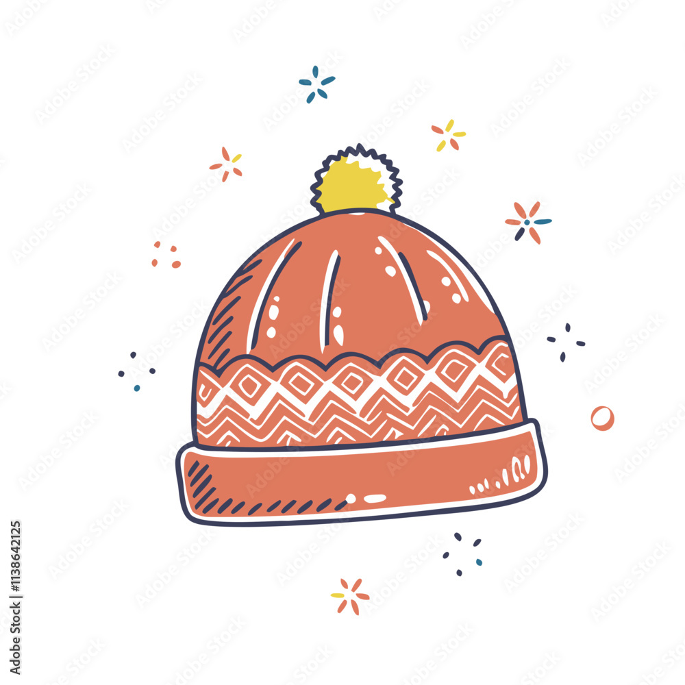 Orange winter hat with a pompom and geometric patterns. Orange winter hat with a pompom and geometric patterns.
