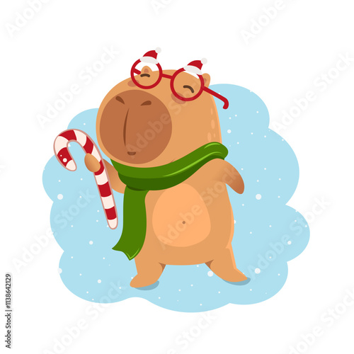 Cute Christmas capybara with Christmas wreath and red ribbon bow